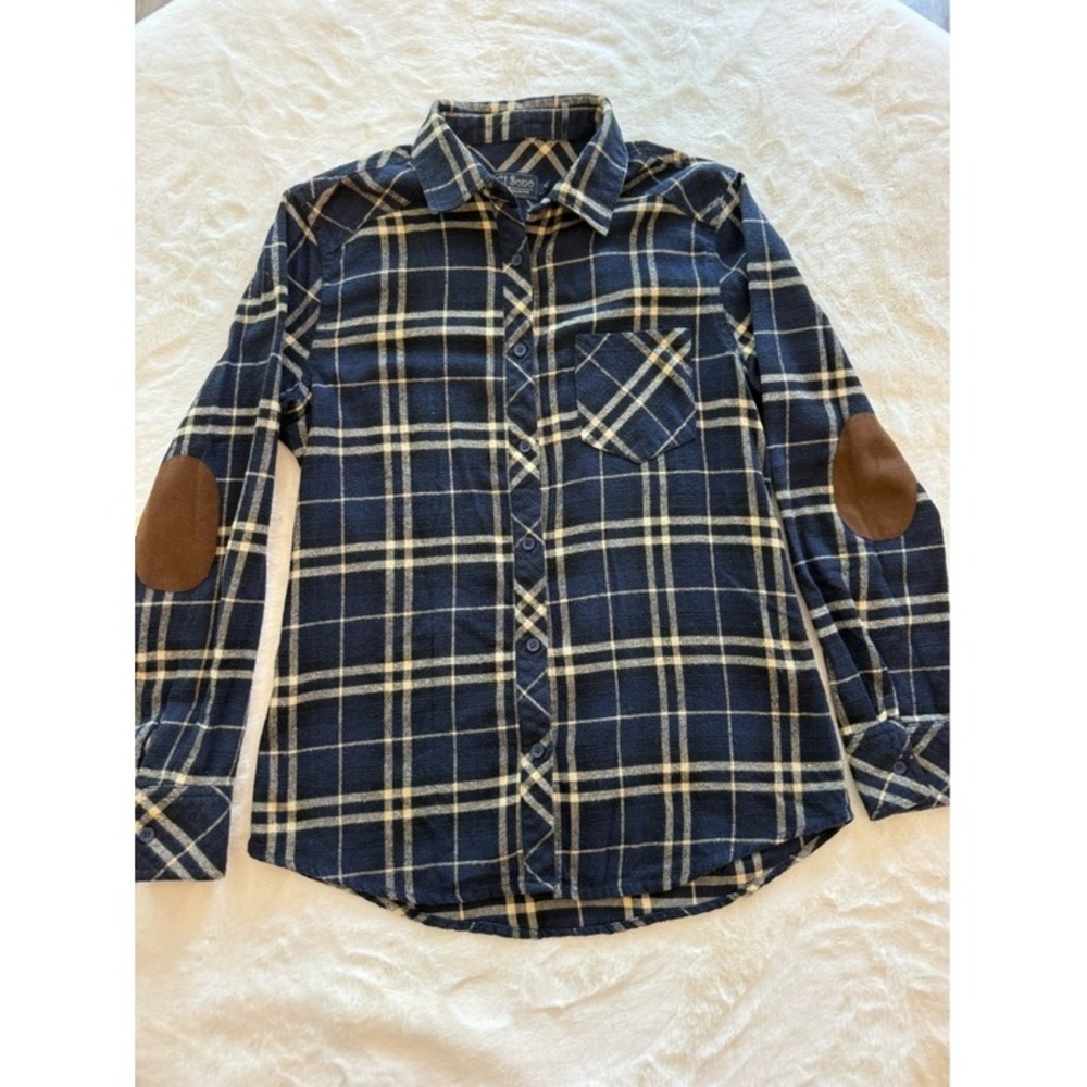 Ci Sono Womens Navy Plaid Button Up Shirt Elbow Patches Small Blue Gold Flannel